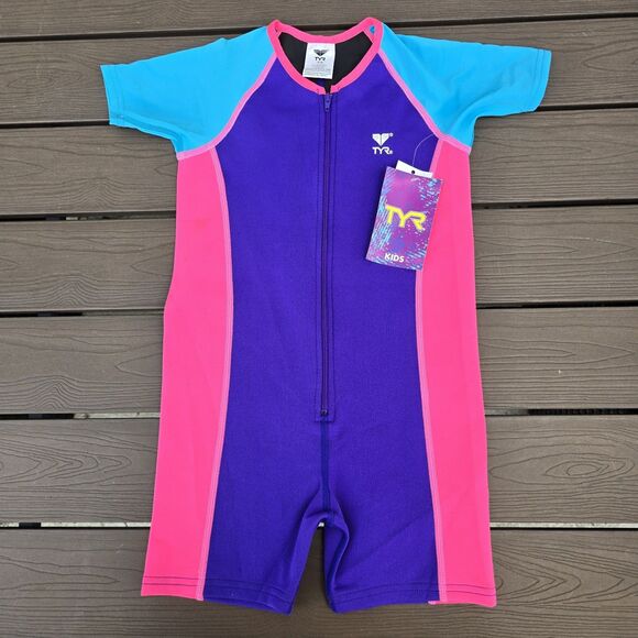 TYR Girls Solid Thermal Swim Suit Zip up Pink/purple Size 7/8 New W/mark - Picture 1 of 5